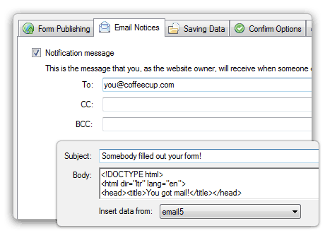 Web Form Builder — email notification settings
